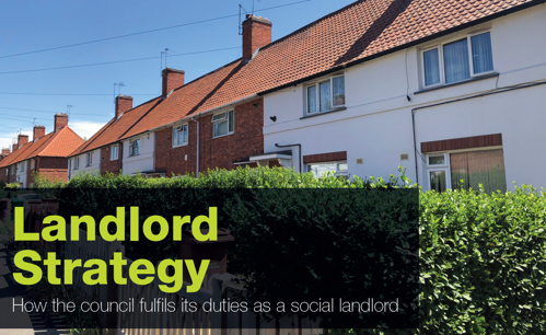A photo of a row of council homes with the words 'Landlord Strategy - How the council fulfils its duties as a social landlord' in green text on a black box at the bottom of the image